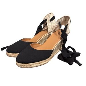 J. Crew Black and Cream Canvas ankle strap Espadrille Wedges